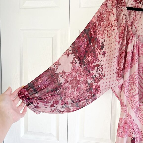 Free People Pink Puff Sleeve Billowy Open Back Mini Dress Women's Size Medium M - Picture 4 of 11